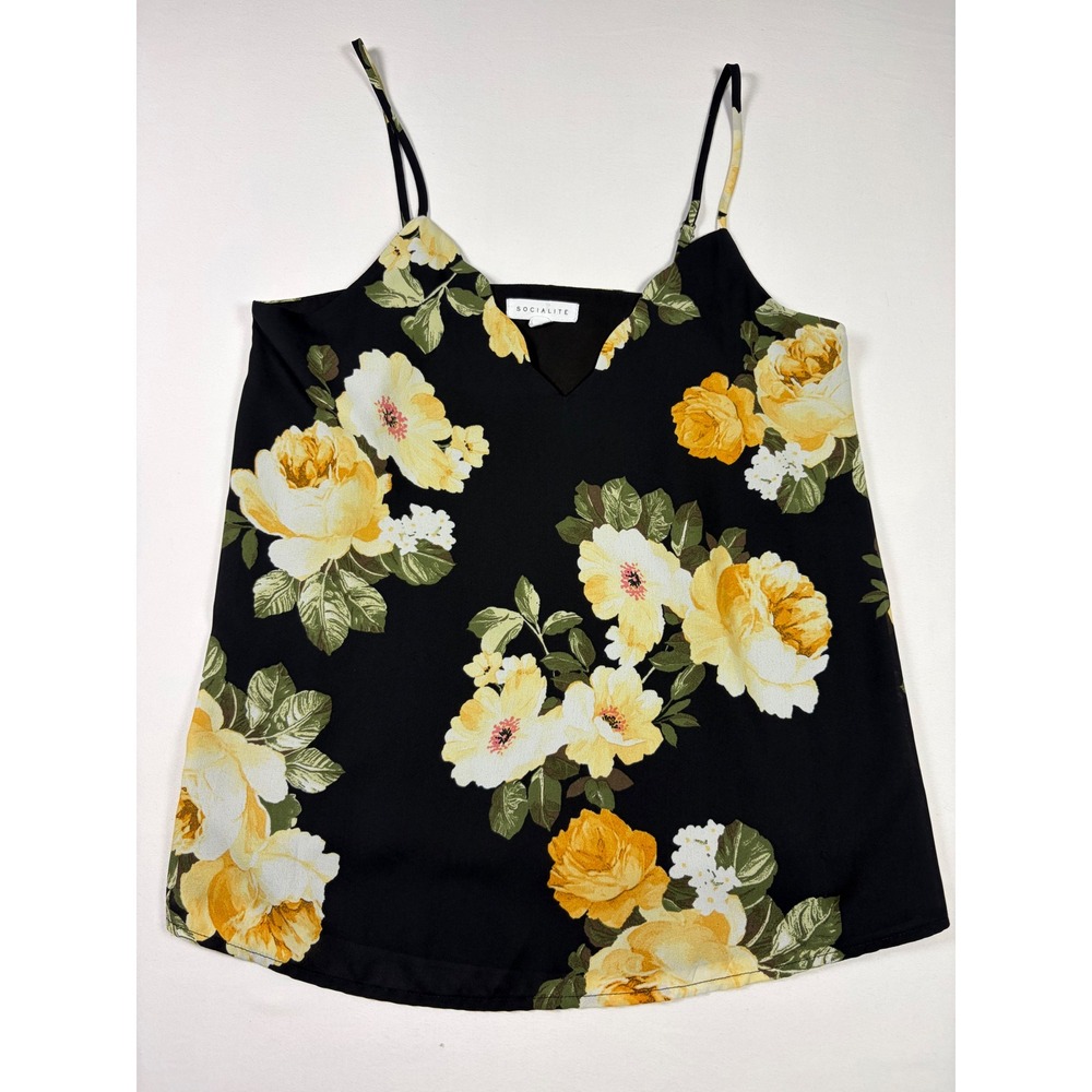 Socialite Floral Cami Tank Top Black Yellow Rose V-Neck Women Small